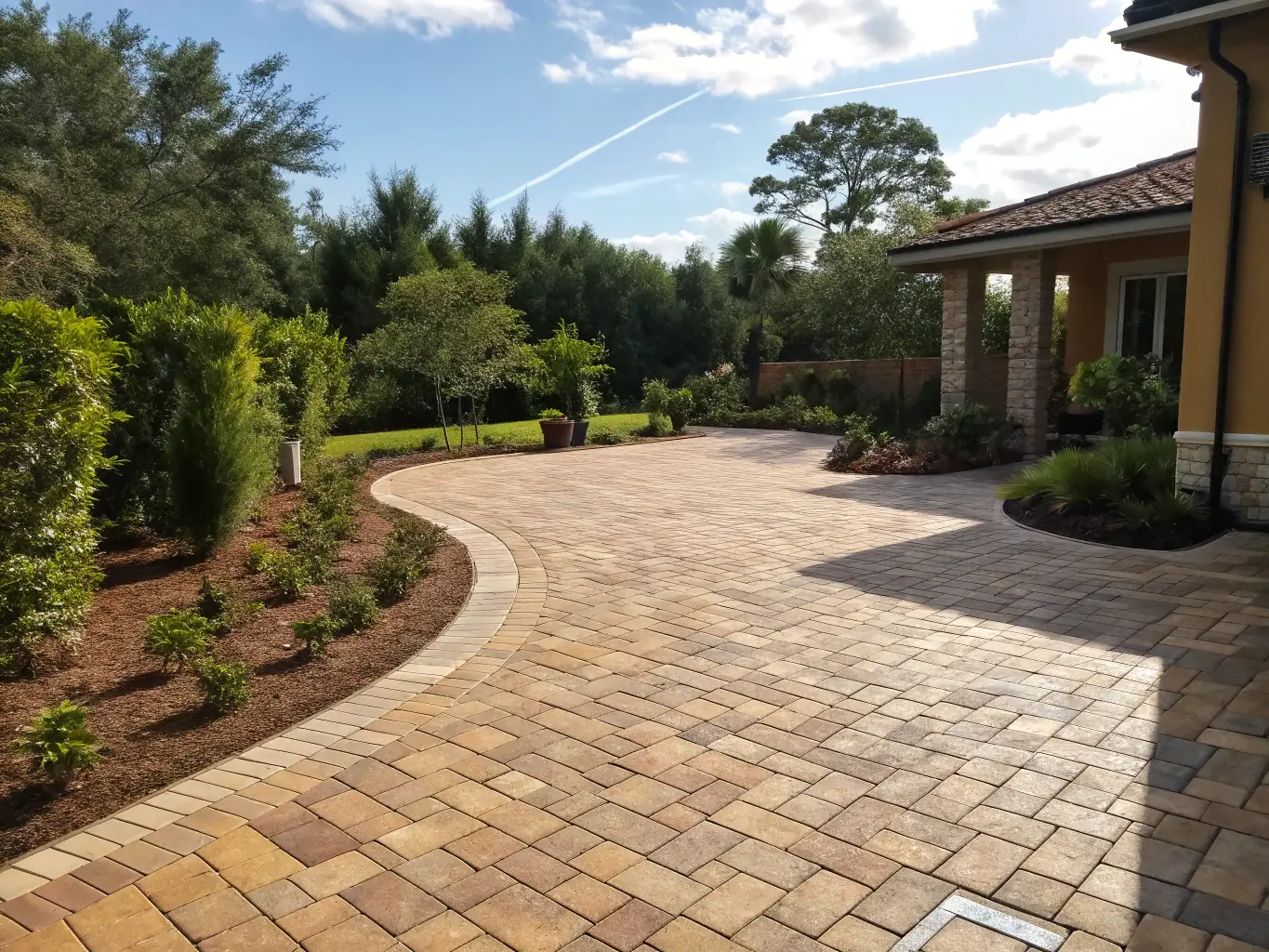 A high-resolution image of a newly installed paver patio with stone walkways, surrounded by lush green grass and vibrant flower beds, set in a residential Portland backyard on a sunny day.