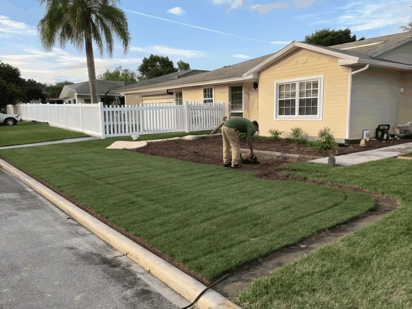 A vibrant image of a freshly sodded lawn bordered by a new wooden fence, with a professional landscaper installing turf rolls in a suburban Portland front yard.