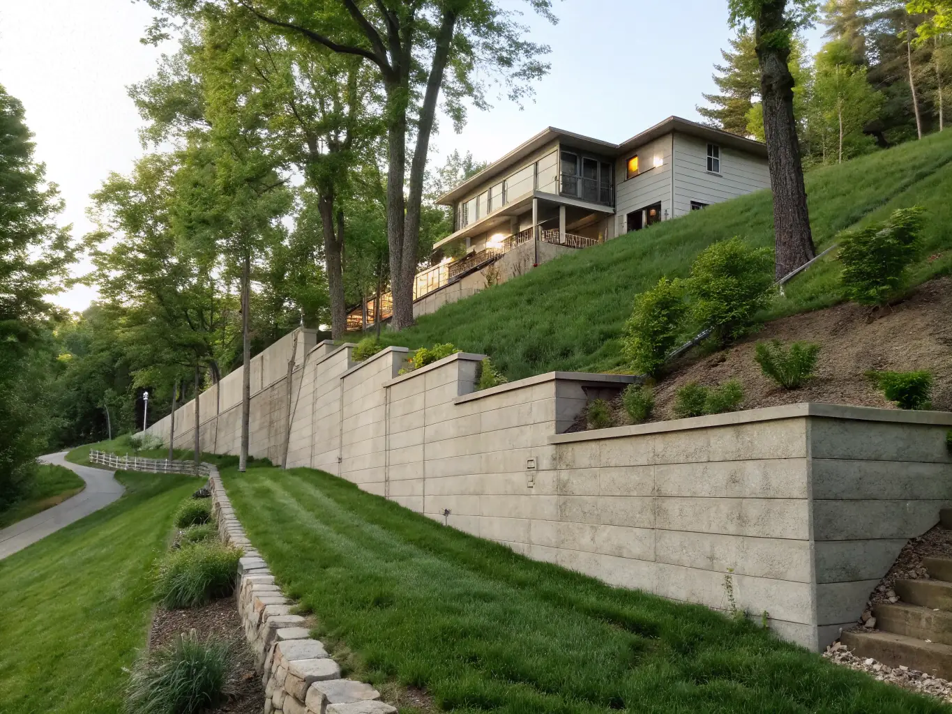 A detailed photo of a tiered retaining wall made from concrete blocks and boulders, supporting a landscaped slope with ornamental shrubs and mulch, in a modern Portland garden.